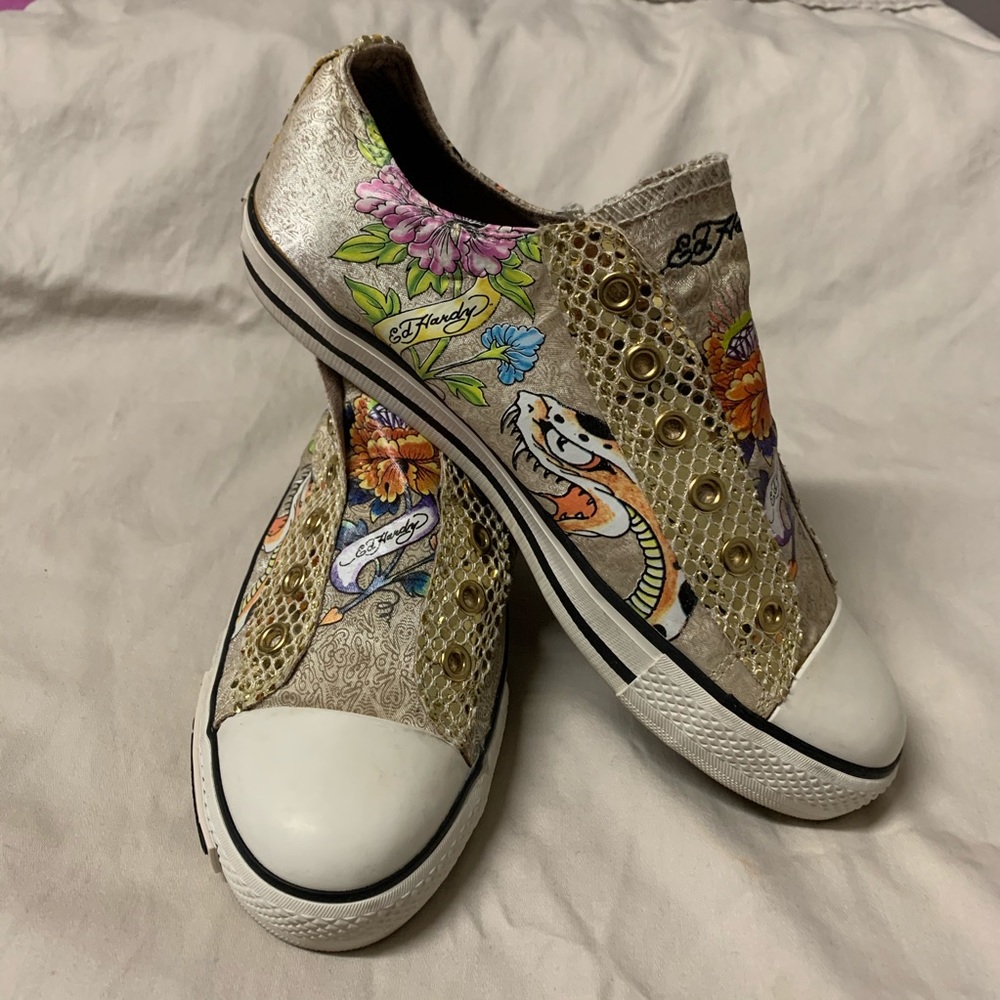Ed Hardy gold snake print fabric trainers size 5